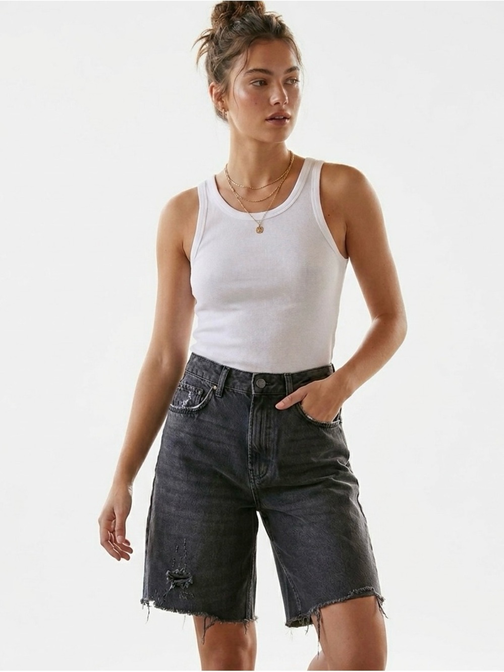 White Ribbed Tank Top and Black Distressed Denim Bermuda Shorts